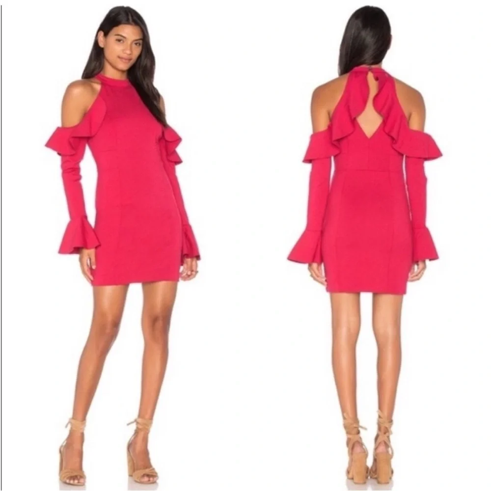 Free People Raspberry Ruffle Body Con Cold Shoulder Mini Dress - Picture 3 of 4